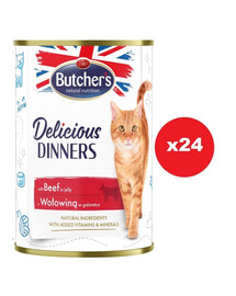 BUTCHER'S Delicious Dinners, kaķu barība, liellopa gaļas gabaliņi želejā, 400
