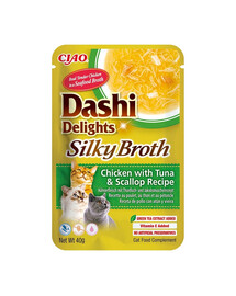 INABA Cat Dashi Delights Silky Broth Vistas gaļa, tuncis un ķemmīšgliemenes 40g