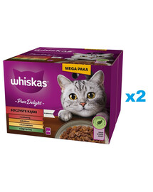 WHISKAS Adult Pure Delight sulīgi želejveida kodumi 48x85 g gabaliņi ar liellopu gaļu, vistas gaļu, jēra gaļu, mājputnu gaļu pieaugušiem kaķiem