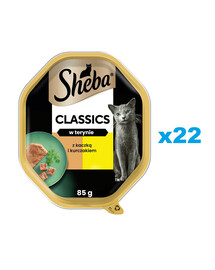 SHEBA Classics paplāte 22x85g mitrā pilnvērtīga barība pieaugušiem kaķiem ar pīli un vistu terīnā