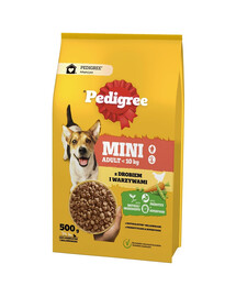 PEDIGREE Adult MINI 500g ar vistu un dārzeņiem, pilnvērtīga sausā barība mazo šķirņu suņiem