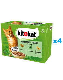 KITEKAT Delicate Flavours maisiņš 48x85 g mitrā pilnvērtīga barība pieaugušiem kaķiem ar tītaru, trušu un mājputnu gaļu mērcē