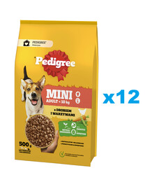 PEDIGREE Adult Mini 12x500 g ar mājputnu gaļu un dārzeņiem pilnvērtīga sausa barība pieaugušiem mazajiem šķirņu suņiem