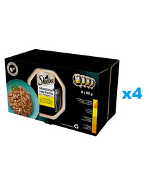 SHEBA Selection Drobiowe Smaki tacki 32x85 g mokra karma pełnoporcjowa dla dorosłych kotów w sosie kawałki z kurczakiem i indykiem, kurczakiem, drobiem, indykiem