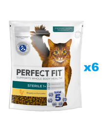 PERFECT FIT Sterils 1+ 6x750 g sausa pilnvērtīga barība pieaugušiem kaķiem, bagātināta ar vistas gaļu
