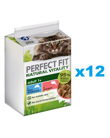 PERFECT FIT Natural Vitality maisiņi 72x50 g mitrā pilnvērtīga barība pieaugušiem kaķiem arī pēc kastrācijas mērcē ar okeāna zivīm un lašiem