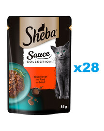 SHEBA Sauce Collection Juicy Flavours maisiņš 28x85 g mitra pilnvērtīga barība pieaugušiem kaķiem ar liellopa gaļas gabaliņiem mērcē