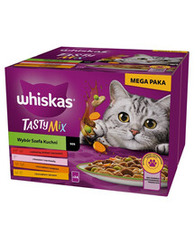 Adult Tasty Mix Wybór Szefa Kuchni Mega Paka saszetki w sosie 24x85g kawałki z wołowiną, łososiem, kurczakiem i indykiem, kurczakiem i dorszem dla dorosłych kotów