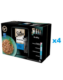 SHEBA Selection Rybne Smaki saszetki 48x85 g mokra karma pełnoporcjowa dla dorosłych kotów w sosie kawałki z łososiem i dorszem czarnym, białą rybą, rybą oceaniczną, dorszem