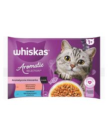 WHISKAS Adult Aromatic Mix 4x85 g maisiņi pilnvērtīga mitrā barība pieaugušiem kaķiem, mērcē ar gabaliņiem: glazēta cūkgaļa un burkāni, ar okeāna zivju gabaliņiem buljonā