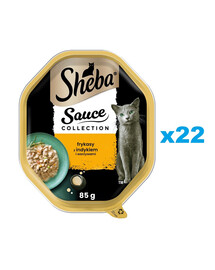 SHEBA Sauce Collection tacka 22x85 g mokra karma pełnoporcjowa dla dorosłych kotów frykasy z indykiem i warzywami w sosie