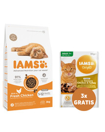IAMS For Vitality Cat Adult Hairball Chicken 3 kg + 3 x vistas gaļa ar mērci 85 g BEZMAKSAS