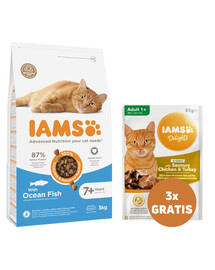IAMS For Vitality Cat Senior Ocean Fish barība vecākiem kaķiem 3 kg + 3 x vistas un tītara gaļa mērcē 85 g BEZMAKSAS