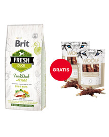 BRIT Fresh duck with millet active run & work 12 kg + WOOLF Chicken And Rawhide Twister 2 x 100g žāvēta āda, ietīta vistas gaļā GRATIS