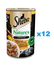SHEBA puszka 12x400 g Nature's Collection mokra pełnoporcjowa karma dla dorosłych kotów z indykiem, sercami drobiowymi i olejem z ryb z przybraniem z marchewki w terynie
