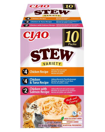 Cat Ciao Stew Creamy Variety 10x40g mix przysmaków z kurczakiem, tuńczykiem i łososiem w kremowym sosie