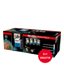 SHEBA Sauce Collection Rybne Smaki saszetki w sosie 40x85 g z łososiem, białą rybą, tuńczykiem, dorszem (3+1 GRATIS)