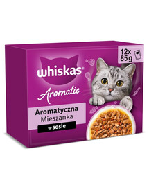 WHISKAS Adult Aromatic Mix 12x85 g maisiņi pilnvērtīga mitrā barība pieaugušiem kaķiem, mērcē ar gabaliņiem: glazēta cūkgaļa un burkāni, sulīga vista, ar okeāna zivju gabaliņiem buljonā, maiga lasis un zirņi