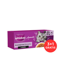 WHISKAS Adult Aromatyczna Mieszanka saszetki 120x85 g mokra karma pełnoporcjowa dla dorosłych kotów w sosie kawałki z glazurowaną wieprzowiną i marchewką, soczystym kurczakiem, z kawałkami ryb oceanicznych w bulionie, delikatnym łososiem i groszkiem + 40 saszetek GRATIS