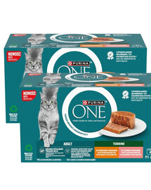 PURINA ONE Adult Terrine 8x85g z kurczakiem i marchewką i z łososiem i marchewką, mokra karma dla kotów