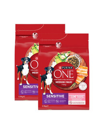 PURINA ONE Medium Maxi Adult Sensitive Salmon and Rice 2x2,5 kg z łososiem i ryżem, sucha karma dla średnich i dużych psów o wrażliwym układzie pokarmowym