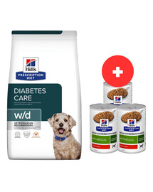 HILL'S Prescription Diet w/d Diabetes Care Chicken Adult 10 kg dla psów ze skłonnością do nawagi / po kastracji + 3 x 370g karmy dla psa GRATIS