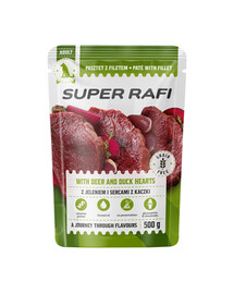 SUPER RAFI z jeleniem i sercami z kaczki 500 g mokra karma dla psów