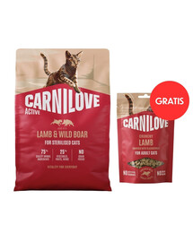 CARNILOVE Active Cat Lamb and Wild Boar Sterilised 2 kg dla kotów sterylizowanych + CARNILOVE Crunchy Snack Cat Lamb 50 g GRATIS