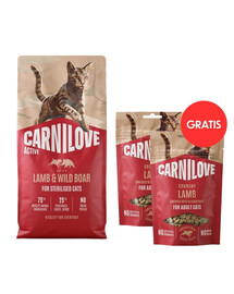 CARNILOVE Active Cat Lamb and Wild Boar Sterilised 6 kg dla kotów sterylizowanych + CARNILOVE Crunchy Snack Cat Lamb 2x50 g GRATIS
