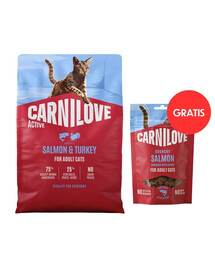 CARNILOVE Active Cat Salmon and Turkey Adult 2 kg łosoś i indyk dla wszystkich kotów + CARNILOVE Crunchy Snack Cat Salmon 50 g GRATIS
