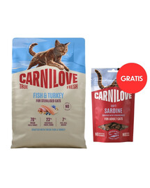 CARNILOVE True Fresh Cat Fish and Turkey Sterilised 2 kg dla kotów po sterylizacji + CARNILOVE Soft Snack Cat Sardine 50 g GRATIS