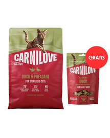 CARNILOVE Active Cat Duck and Pheasant Sterilised 2 kg dla kotów sterylizowanych + CARNILOVE Crunchy Snack Cat Duck 50 g GRATIS