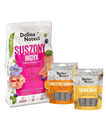 DOLINA NOTECI Premium Suszony indyk karma dla psa 9 kg + Smart Chews Calm & Relax i Digestive Harmony 2x100 g przysmaki dla psów