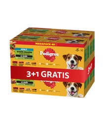 PEDIGREE Adult Wybór Smaków z warzywami saszetki 4 x 40x100 g mokra karma pełnoporcjowa dla dorosłych psów, z mieszanką wołowiny i jagnięciny, z mieszanką wołowiny i wątróbki, z kurczakiem, z indykiem, w sosie 3+1 GRATIS