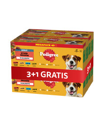 PEDIGREE Adult Wybór Smaków saszetki 4 x 40x100 g mokra karma pełnoporcjowa dla dorosłych psów, z mieszanką wołowiny i wątróbki, z kurczakiem, z rybą, z drobiem, w galaretce 3+1 GRATIS