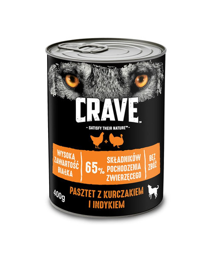 CRAVE konservi 24 x 400g - pastēte ar vistu un tītara gaļu, pilnvērtīga mitrā barība bez graudaugiem pieaugušiem suņiem