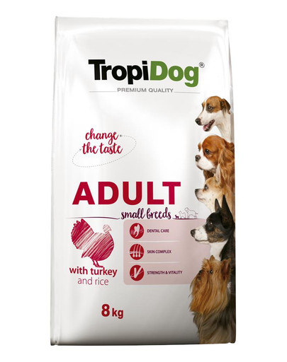 TROPIDOG Premium Adult S Turkey&Rice 8kg sausā barība maziem suņiem Tītars un rīsi