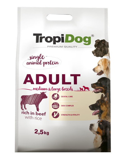 TROPIDOG Premium Adult M&L Beef&Rice 2,5kg sausā barība vidējiem un lieliem suņiem Liellopu gaļa un rīsi.