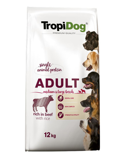 TROPIDOG Premium Adult M&L Beef&Rice 12kg sausas maistas vidutinių ir didelių veislių šunims Jautiena ir ryžiai