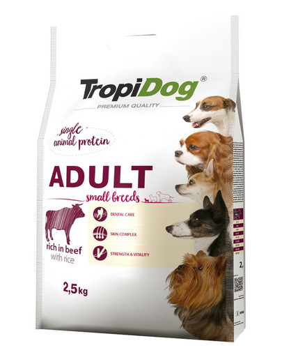 TROPIDOG Premium Adult S ar liellopu gaļu un rīsiem 2,5kg sausā barība maziem suņiem