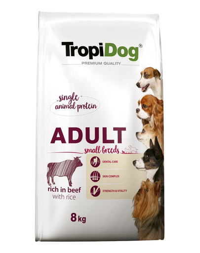 TROPIDOG Premium Adult S liellopu gaļa ar rīsiem sausā barība maziem un pieaugušiem suņiem 8 kg