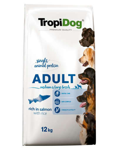 TROPIDOG Premium Adult M&L Salmon&Rice 12kg sausā barība vidēju un lielu šķirņu suņiem. Lasis un rīsi