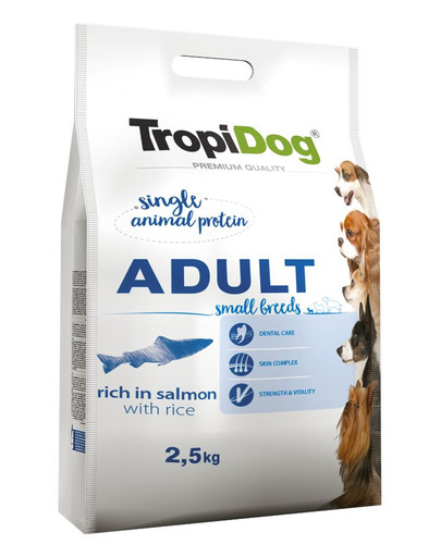 TROPIDOG Premium Adult S Salmon&Rice 2,5 kg sausā barība mazo šķirņu dzīvniekiem Lasis un rīsi