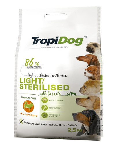 TROPIDOG Premium Light-Sterilised 2,5kg sausas maistas antsvorio turintiems šunims