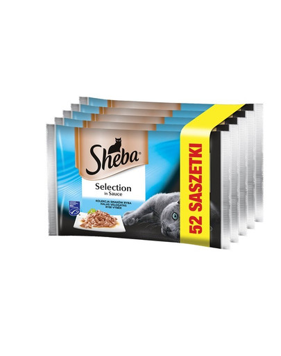 SHEBA konservai  52x85g Selection in Sauce Žuvies skoniai - šlapias kačių maistas padaže (su balta žuvimi, lašiša, menkėmis, tunu) + dubuo nemokamai