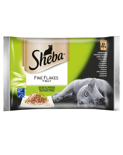 SHEBA saszetka 13x4x85g Fine Flakes in Jelly - šlapias kačių maistas drebučiuose (su balta žuvimi, lašiša, kalakutiena, vištiena) + dubuo nemokamai