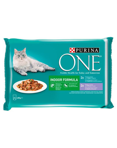 PURINA ONE Indoor Formula Mix garšas (teļa gaļa ar burkāniem, tuncis ar pupiņām) mitrā kaķu barība 48x85g