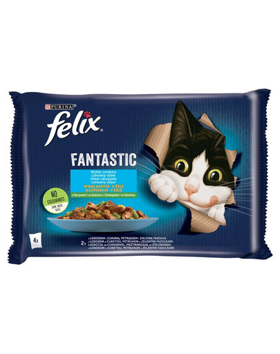 FELIX FANTASTIC Želeja ar zivju garšu (lasis un cukīni, forele un pupiņas) 4x85g mitrā kaķu barība