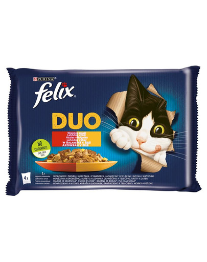 FELIX Duo Lauku garšas želejā (liellopu un mājputnu, vistas un nieru, jēra un teļa gaļas, tītara un aknu) 48x85 g mitrā barība kaķiem