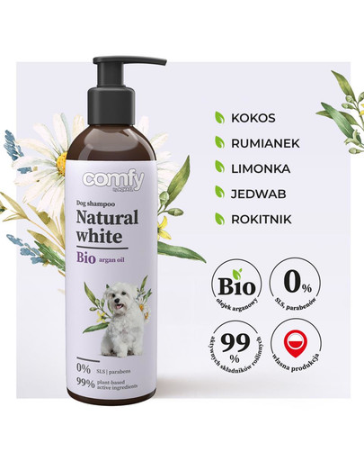 COMFY Natural White 250 ml  šampūns kažoka spilgtās krāsas uzlabošanai.